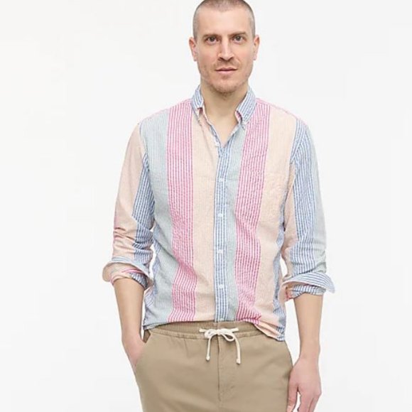 J Crew Slim Seersucker Shirt in Awning Stripe Multi Color (Medium) New with Tag - Picture 2 of 11